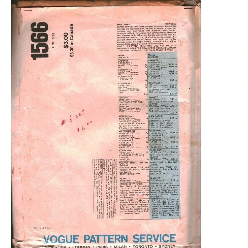 Vintage Vogue 1566 Stuffed Vegetable Toys Sewing Pattern Cabbage Tomato Peanut